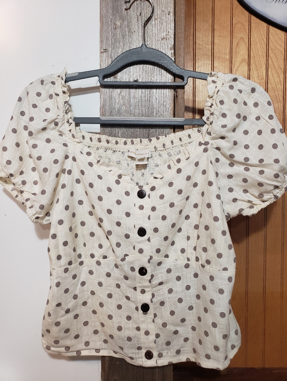 Monteau Poka Dot Puff Sleeve Smocked Back Sweatheart Neckline Linen Milkmaid